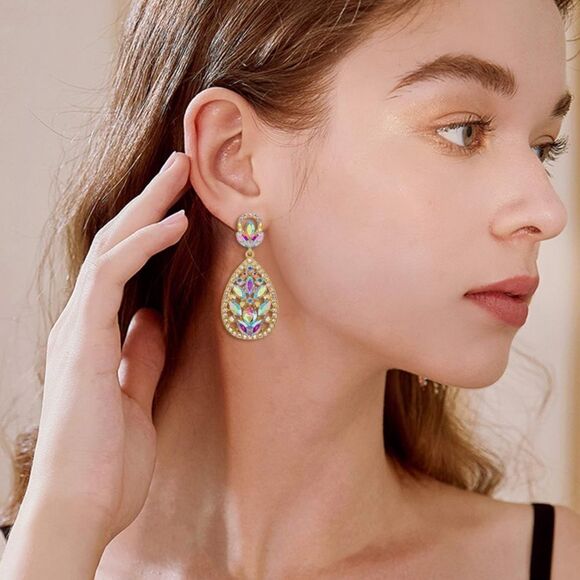 Yellow Gold with Iridescent AB Austrian Crystal Teardrop Chandelier Earrings
